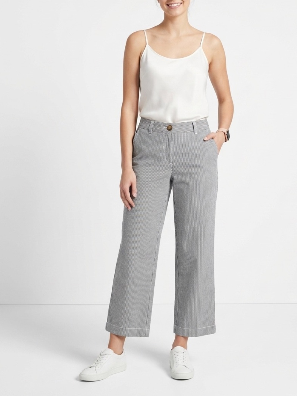 Lands' End Women's Cropped Striped Straight-Leg Pants Fit Size 2 Black and White